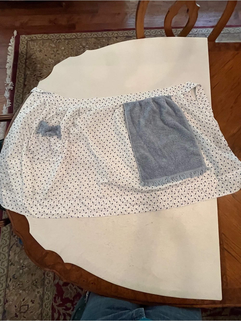 Vintage handmade Light Blue Floral Half Apron Skirt with Towel Pocket and Accent